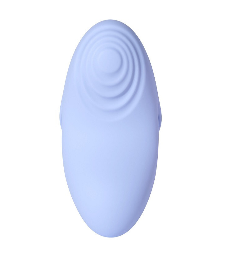 Light blue oval object with concentric circles on a white background