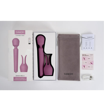 Svakom product set with packaging, purple device, and accessories on a white background