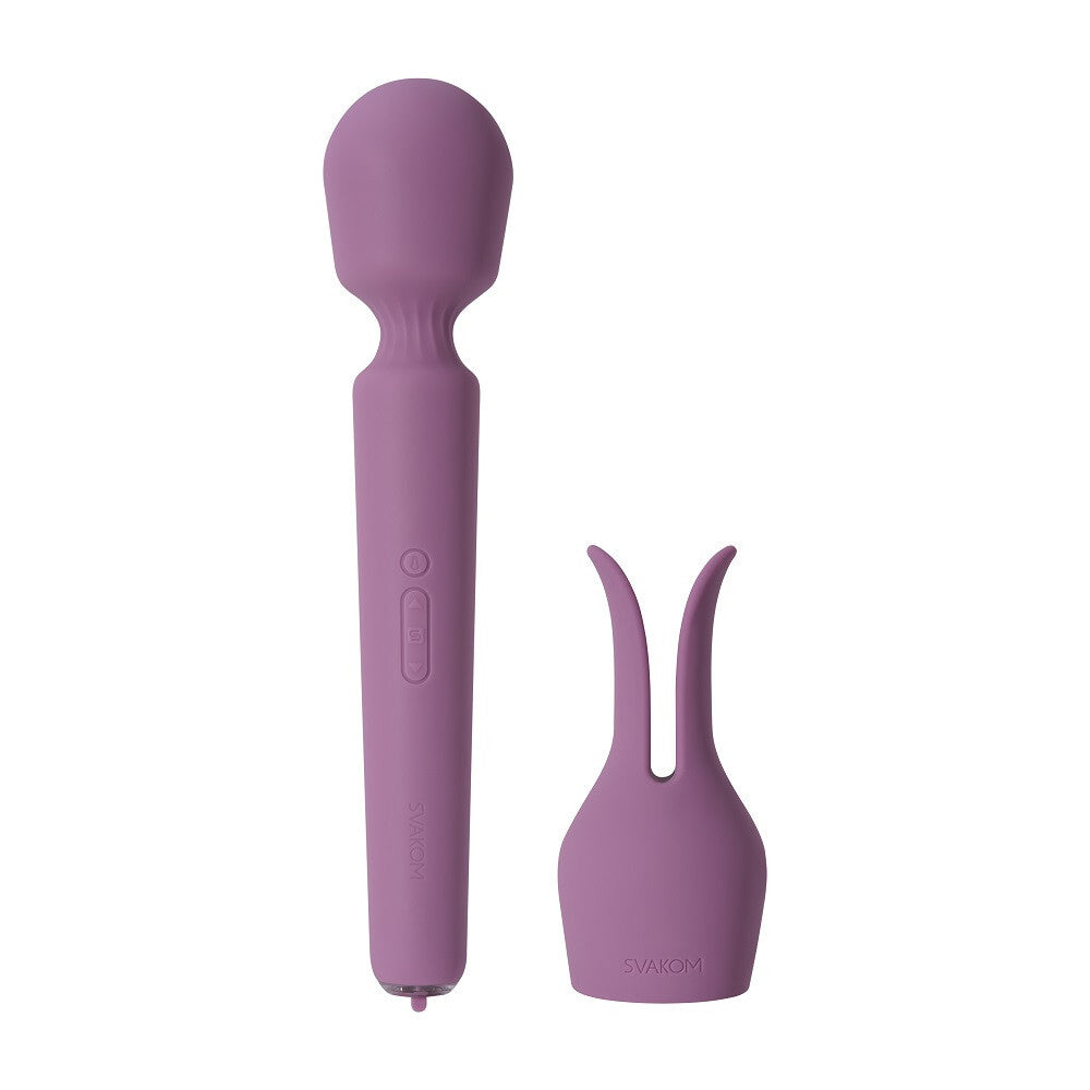 Purple silicone vibrating wand with a handle and detachable nozzle on a white background