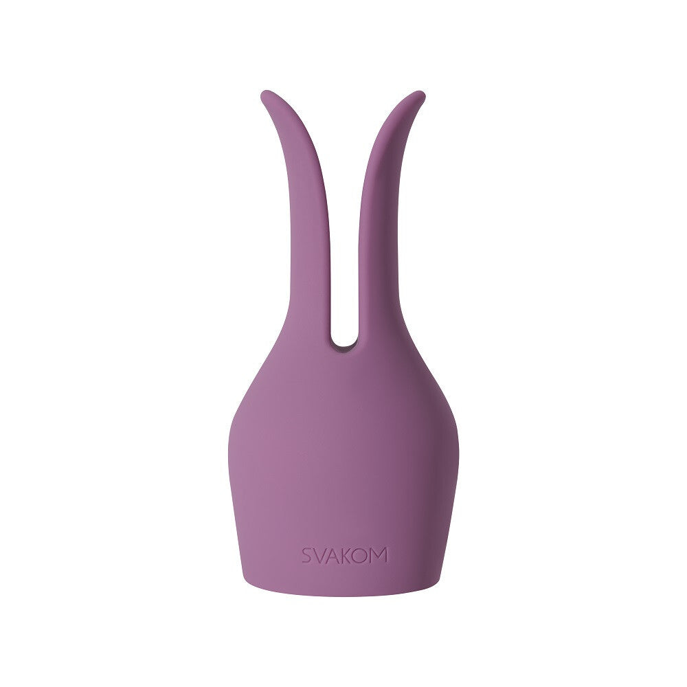 Purple silicone product with rabbit ears on a white background, branded 'SVAKOM'.
