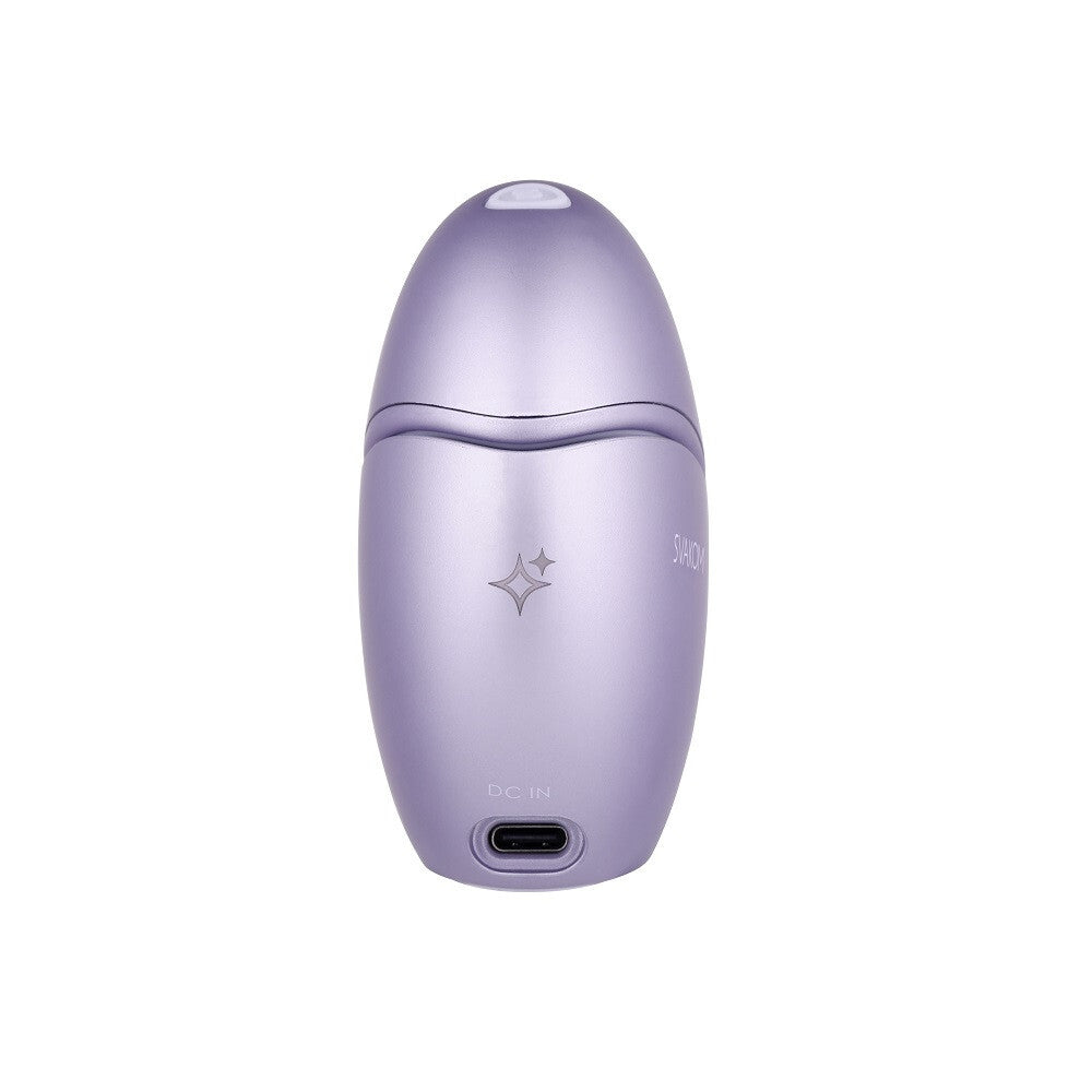 Purple electronic device with a brand logo on a white background