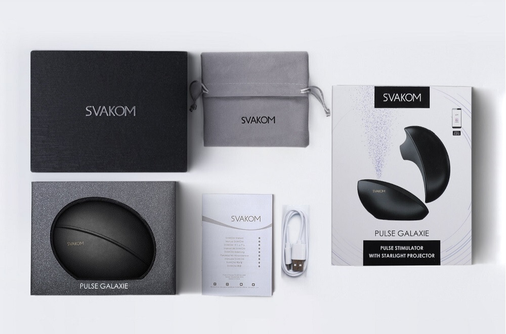 SVAKOM product packaging including a black box, gray pouch, and white box with product details on a light gray background.