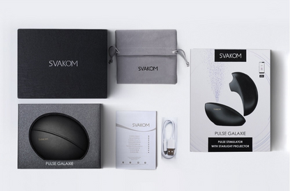 SVAKOM product packaging including a black box, gray pouch, and white box with product details on a light gray background.