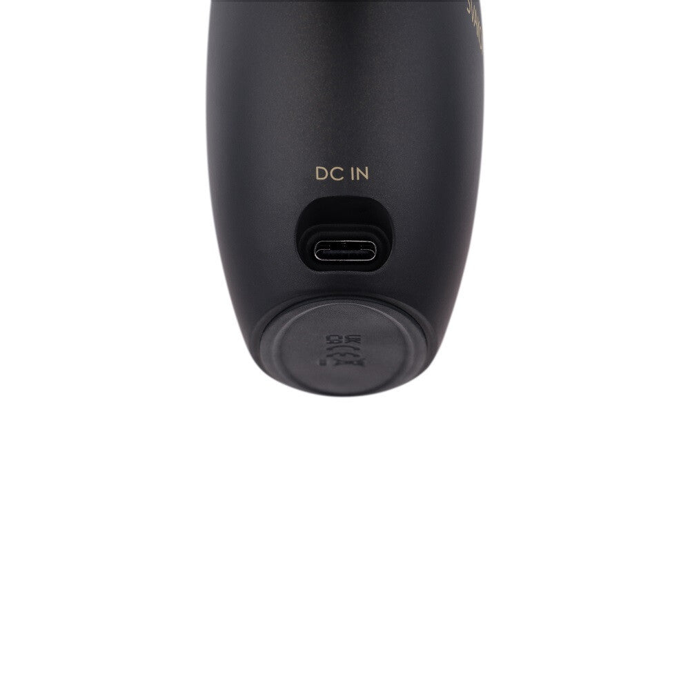Black electronic device with USB-C port and 'DC IN' label on a white background