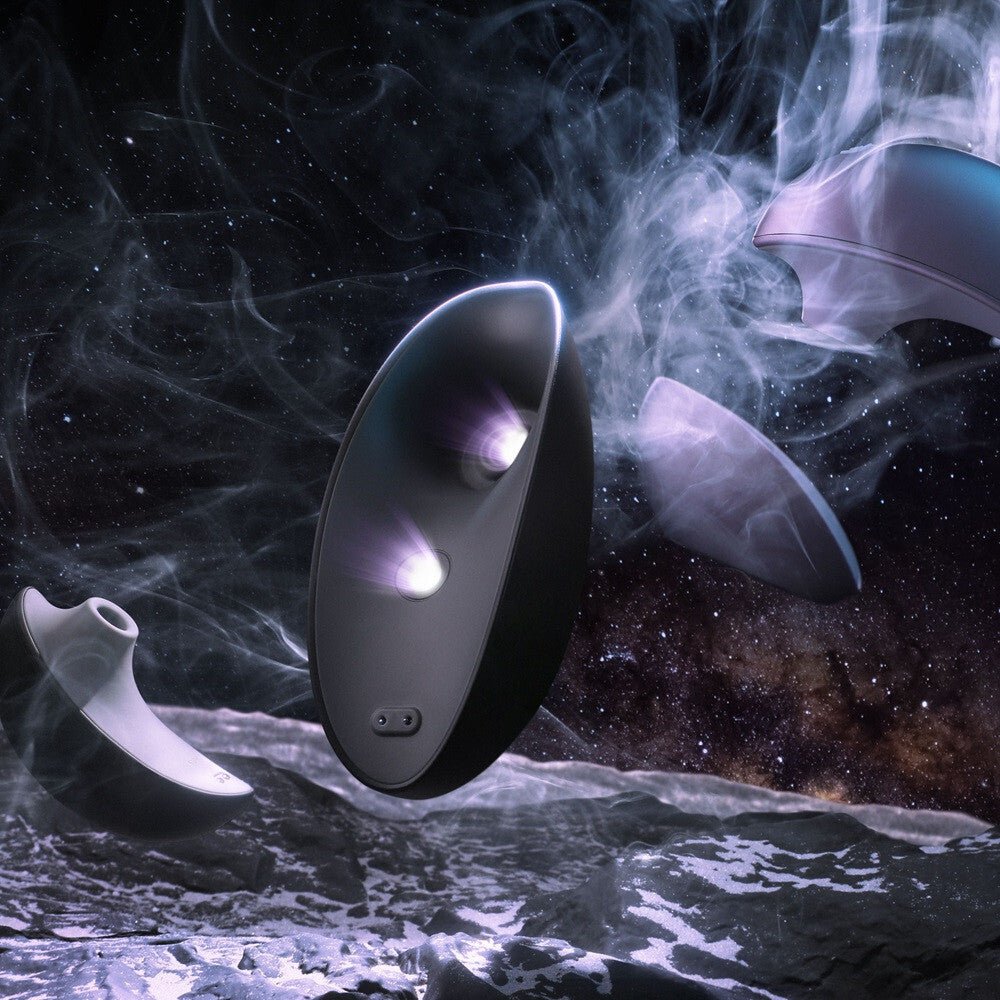 Futuristic device with a glowing light on a space-themed background
