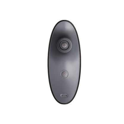 Black cylindrical object with two circular components on a white background