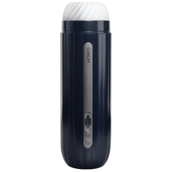 Black and white electronic masturbator with 'Svakom' branding on a white background