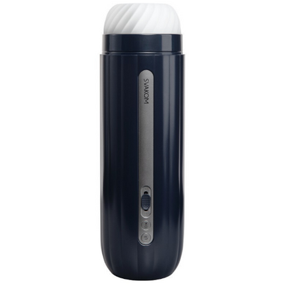Black and white electronic masturbator with 'Svakom' branding on a white background