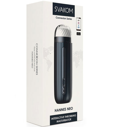 Svakom Hannes Neo interactive throbbing masturbator packaging on a white background