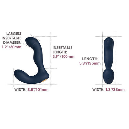 Measurement chart of a blue massage device with dimensions labeled.