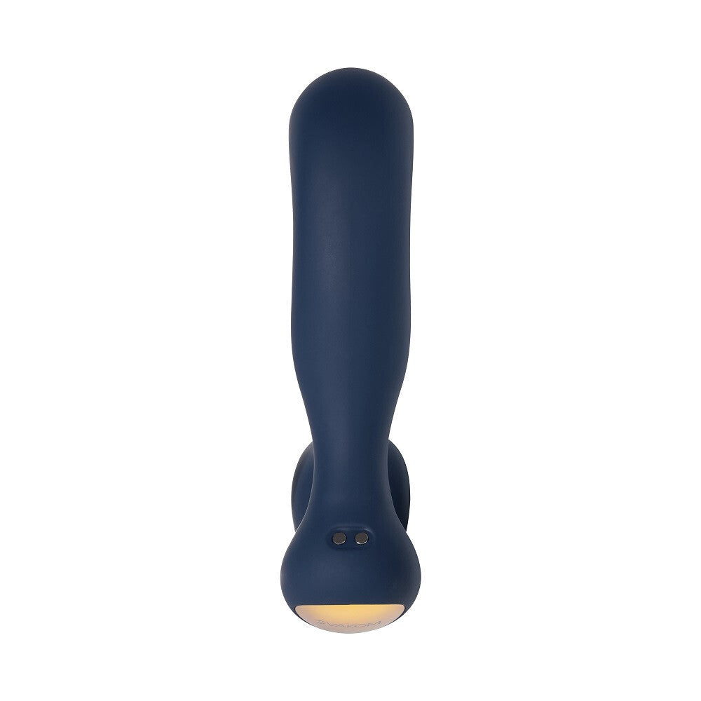 Navy blue handheld device with a light on a white background