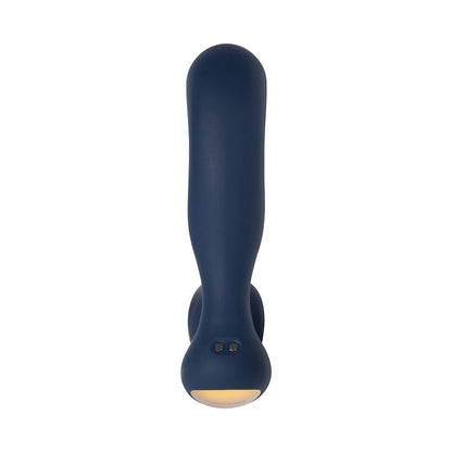 Navy blue handheld device with a light on a white background