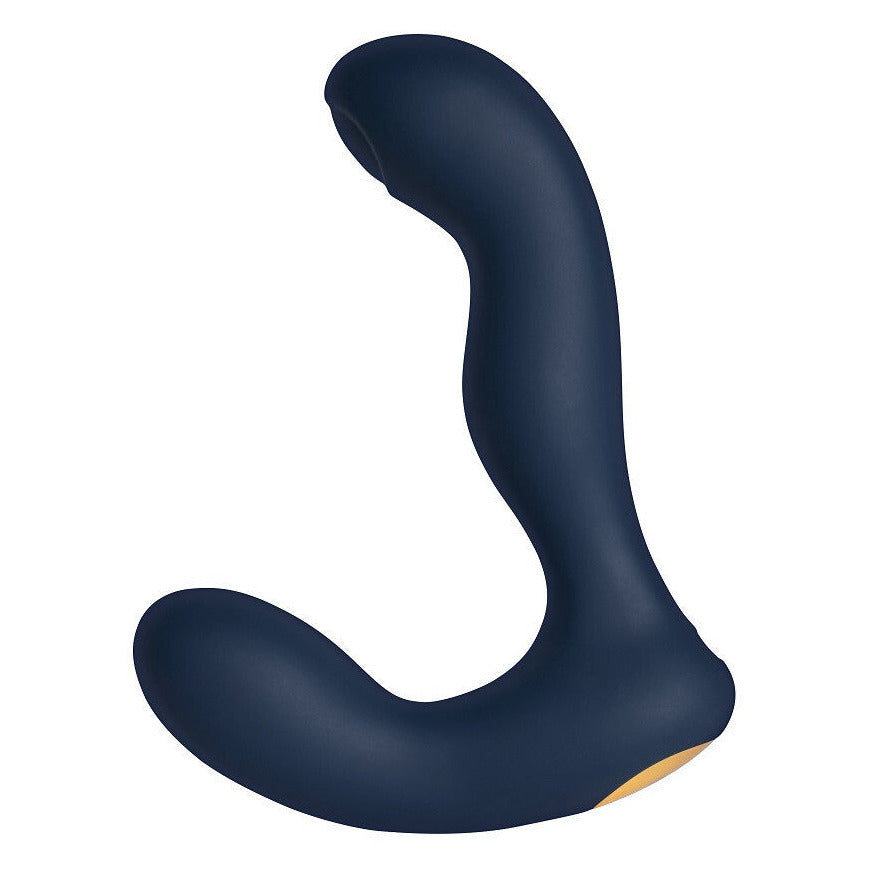 Navy blue silicone prostate massager on a white background