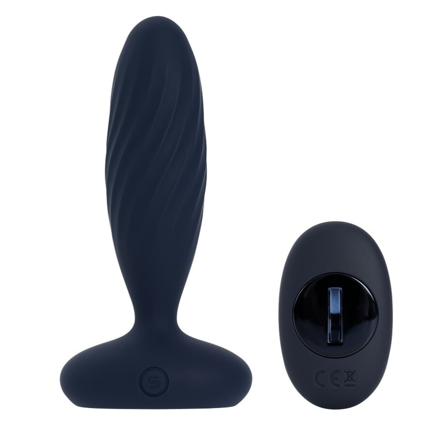 Black silicone butt plug with remote control on a white background