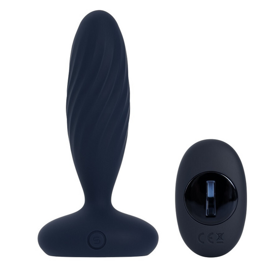 Black silicone butt plug with remote control on a white background