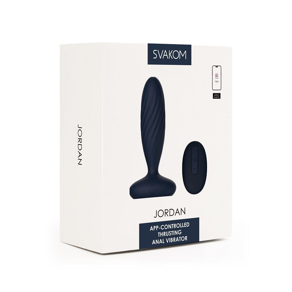 Svakom Jordan app-controlled thrusting anal vibrator packaging on a white background