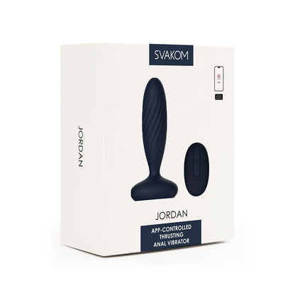 Svakom Jordan app-controlled thrusting anal vibrator packaging on a white background