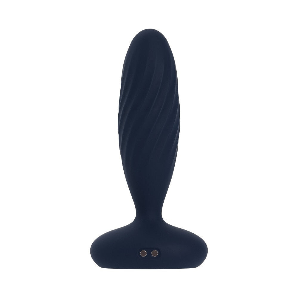 Black silicone butt plug on a white background