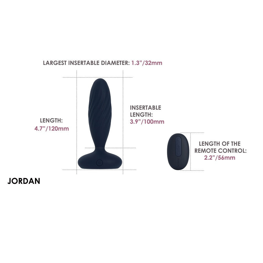 Measurement chart of a black remote control anal plug with dimensions labeled on a white background.