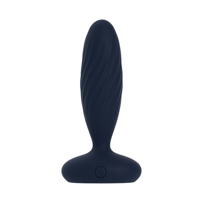 Black silicone butt plug on a white background