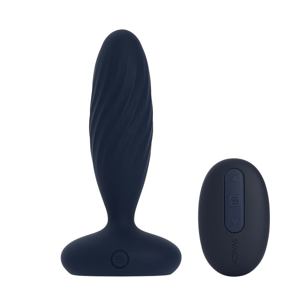 Navy blue silicone butt plug with remote control on a white background