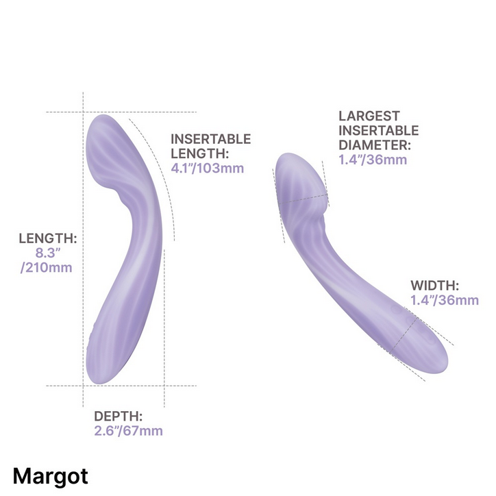 Measurement chart of a purple massager labeled 'Margot' with dimensions on a white background.