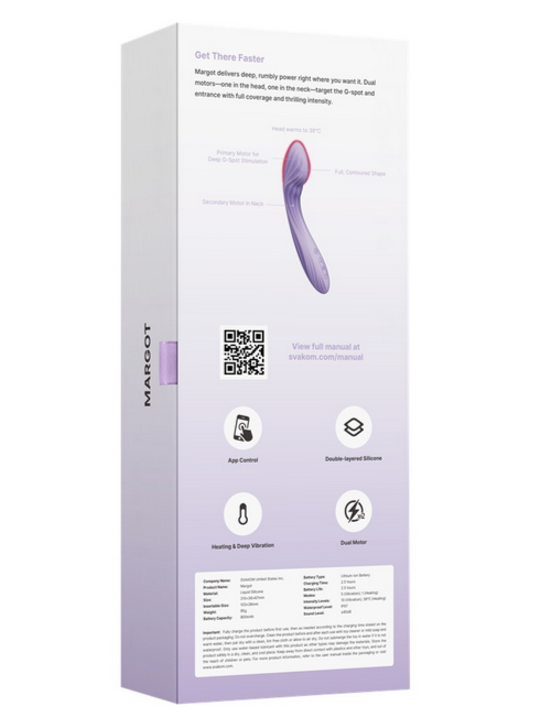 Purple electronic device packaging with text and icons on a white background
