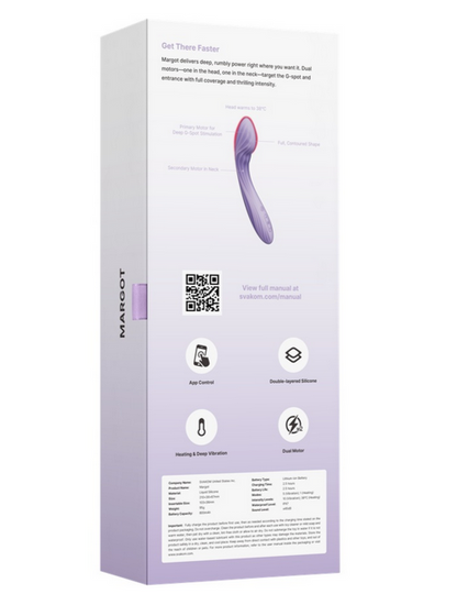 Purple electronic device packaging with text and icons on a white background