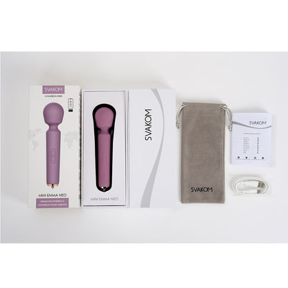 SVAKOM Mini Emma Neo product with packaging, pouch, and manual on a white background