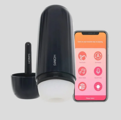 Black electronic masturbator with a smartphone displaying an app interface on a light gray background