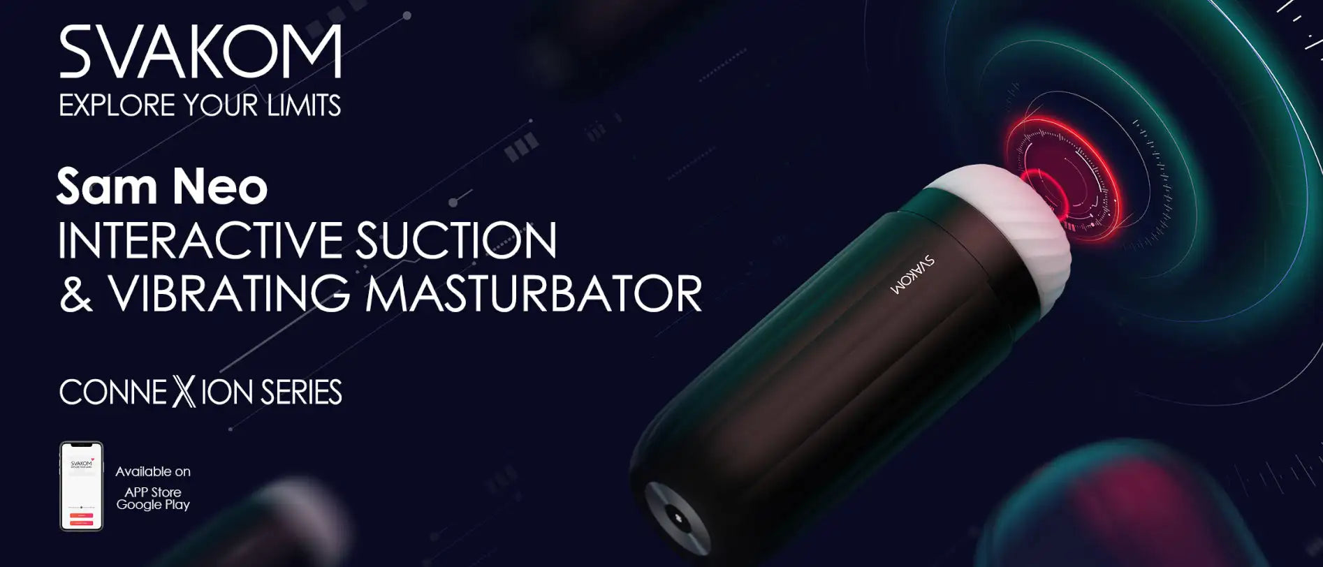 Sam Neo interactive suction and vibrating masturbator with branding on a dark background