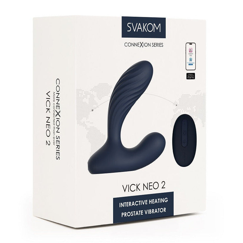 Box of Svakom Vick Neo 2 interactive heating prostate vibrator on a white background