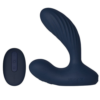 Navy blue silicone prostate massager with control panel on a white background