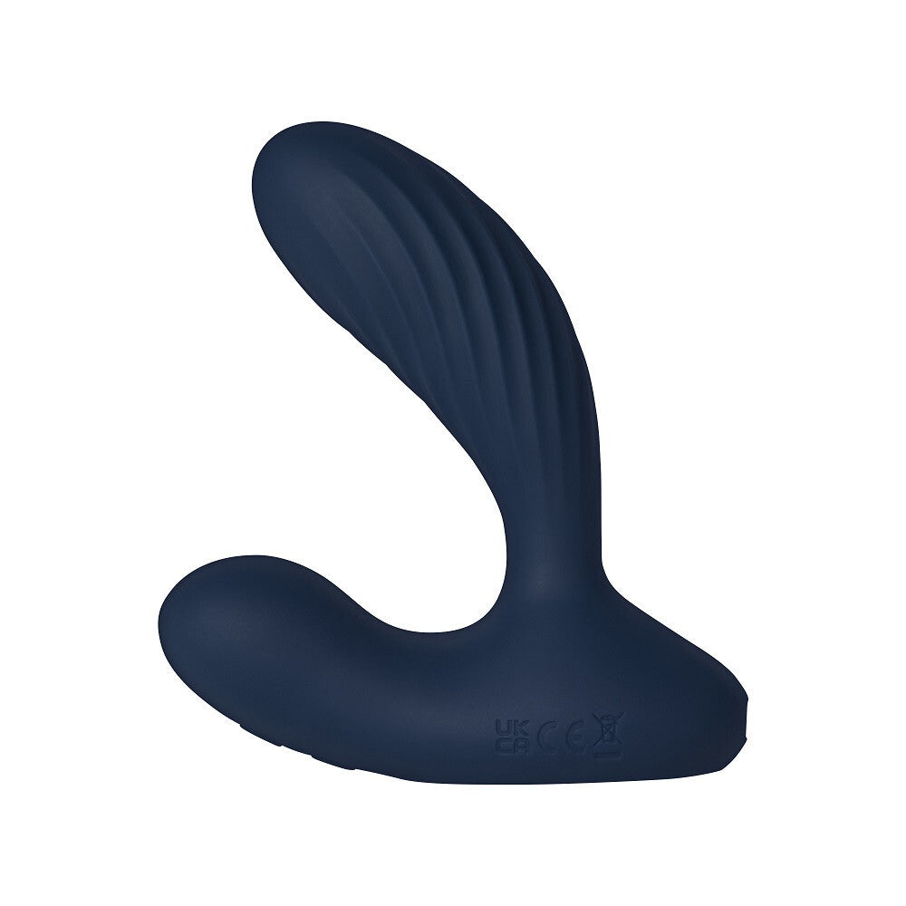 Navy blue silicone butt plug on a white background