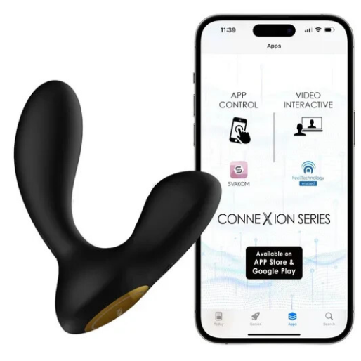 Black device resembling a prostate massager next to a smartphone displaying an app interface.