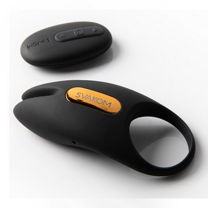 Black silicone cock ring with 'SVAKOM' branding on a white background