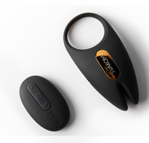Black electronic remote control cock ring with a button on a white background