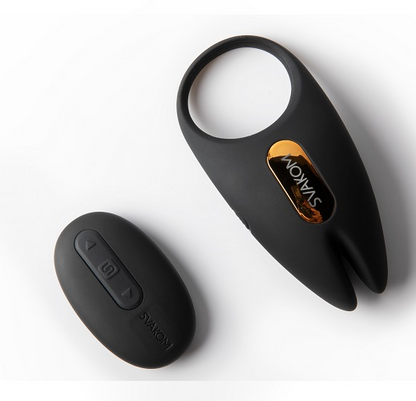 Black electronic remote control cock ring with a button on a white background