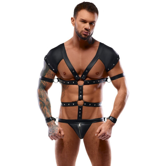 Man wearing a black leather harness on a white background