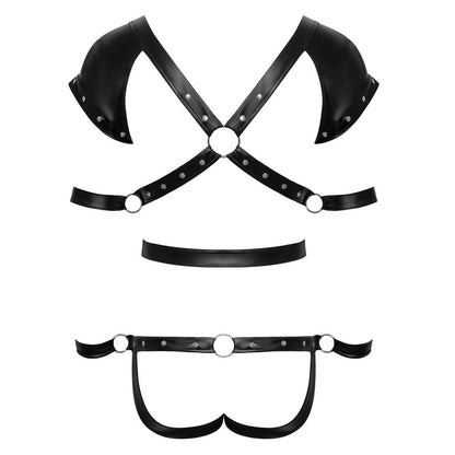 Black leather harness with straps on a white background