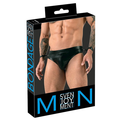 Product packaging for men's black leather briefs with visible branding on a white background
