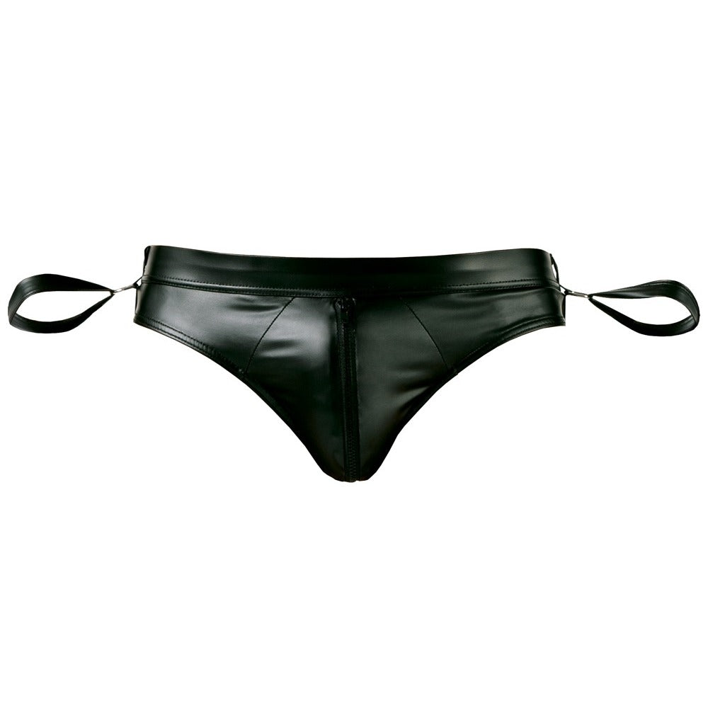 Black leather thong with adjustable wrist straps on a white background