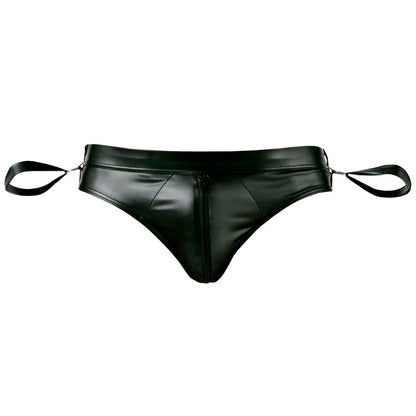 Black leather thong with adjustable wrist straps on a white background