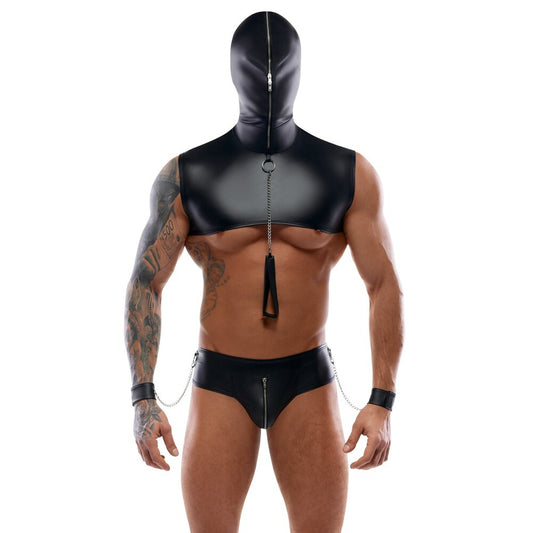Person wearing a black leather hood and underwear on a white background