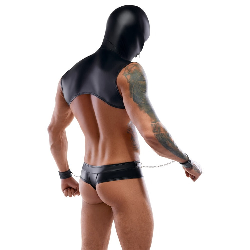Person wearing a black leather outfit with a hood and underwear on a white background