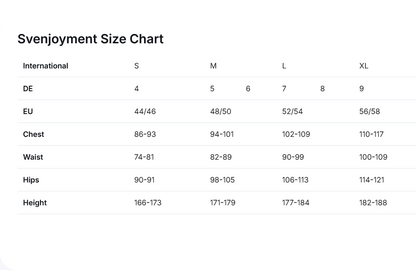 Svenjoyment Size Chart for clothing measurements in various units