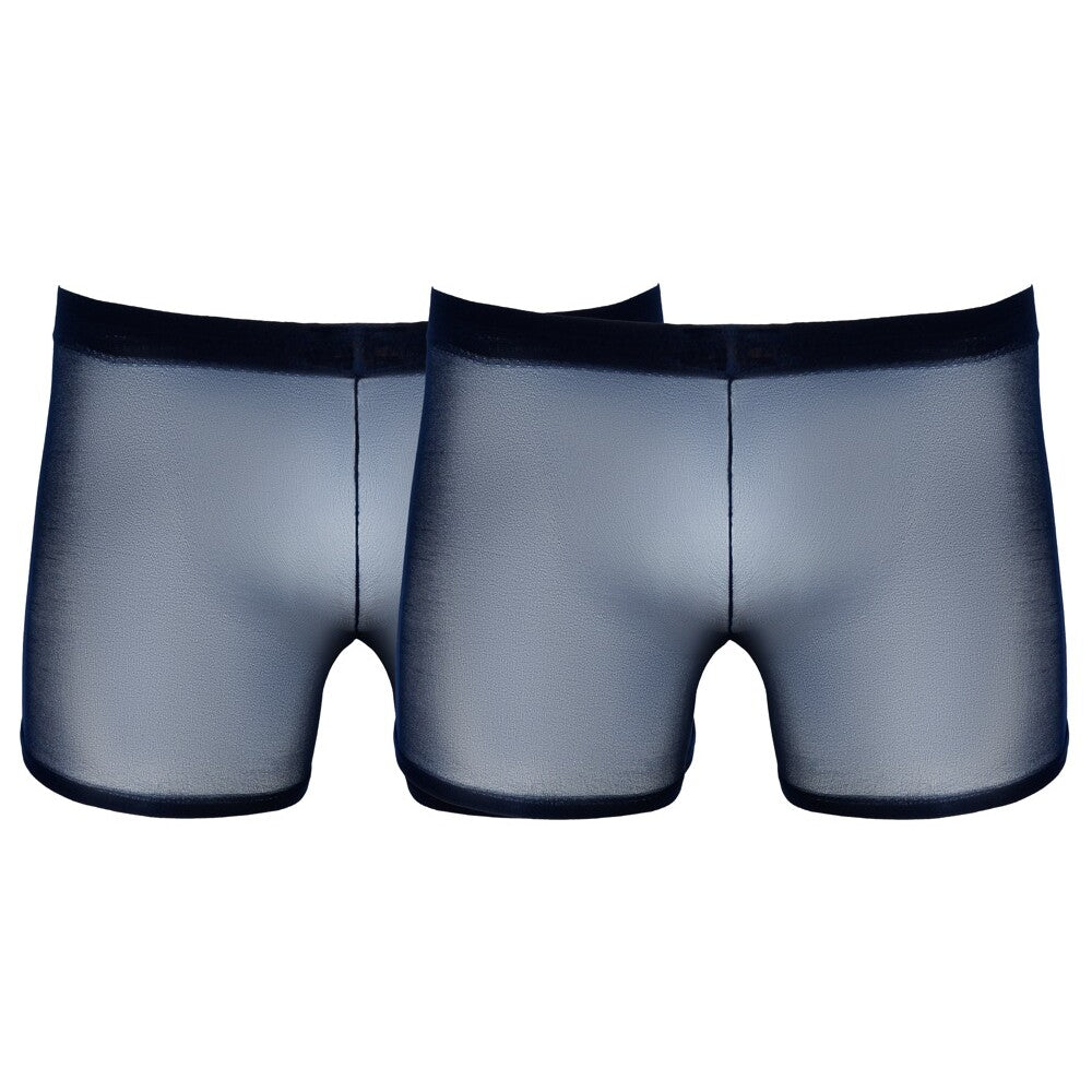 Two pairs of gray boxer briefs with black waistbands on a white background