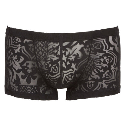 Black boxer briefs with gray pattern on a white background