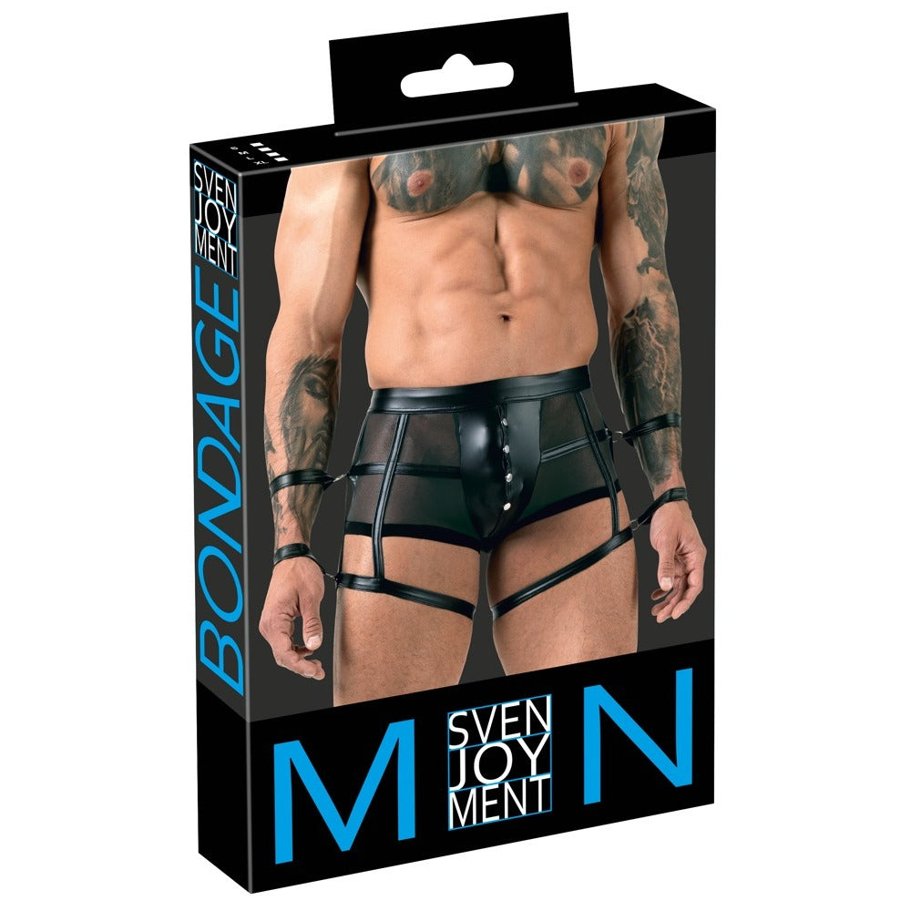 Product packaging for 'Bondage' with a man wearing black harness, featuring the brand 'SvenJoyMent'.