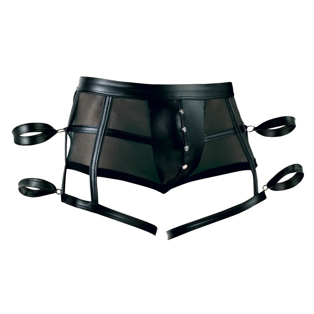 Black leather harness with attached straps on a white background